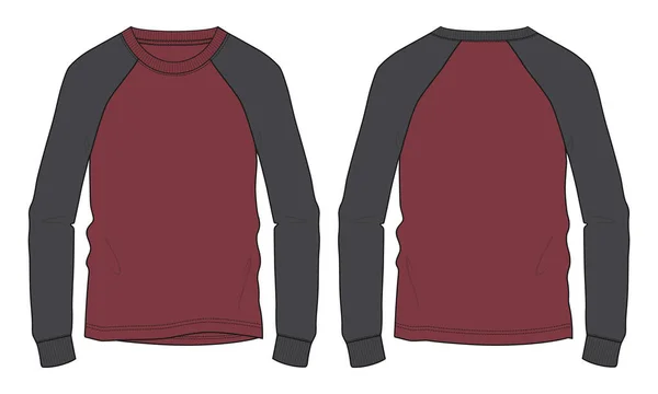 黒と赤の色のスウェットシャツ全体的な技術的なファッションフラットスケッチベクトルテンプレートフロントと白の背景に隔離されたバックビューとロングスリーブラグラン 男性の服ユニセックストップCad Mockアップ — ストックベクタ