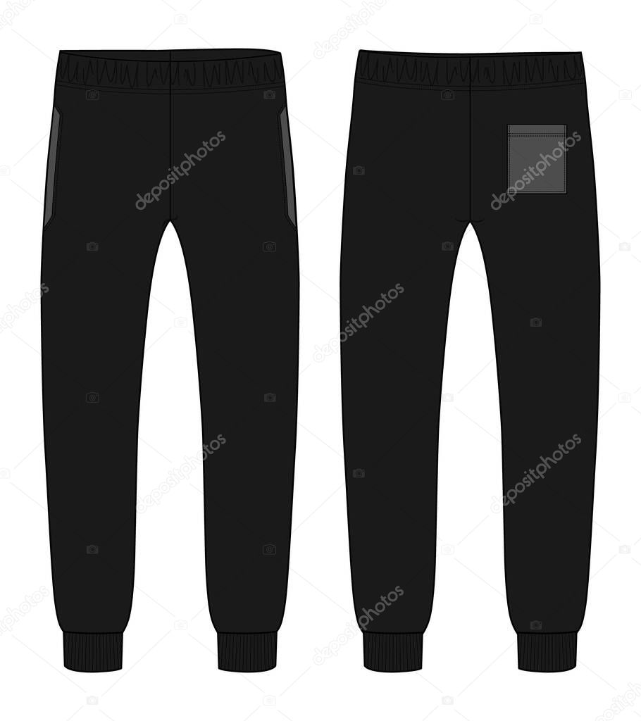 Fleece fabric black color Jogger sweatpants technical fashion flat sketch Drawing vector template front and back views isolated on white background.