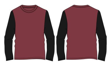 Uzun kollu, yuvarlak boyunlu, iki ton siyah ve kırmızı tişörtlü, teknik, düz, taslak, vektör çizim şablonu önde, arka plan beyaz arka planda izole. Pamuk forma tasarımı.. 
