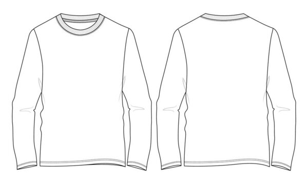 Длинный рукав круглая шея футболка общая техническая мода плоский эскиз иллюстрации векторный шаблон вид спереди и сзади изолированы на белом фоне. Дизайн одежды из хлопчатобумажной майки. Легко съедобный