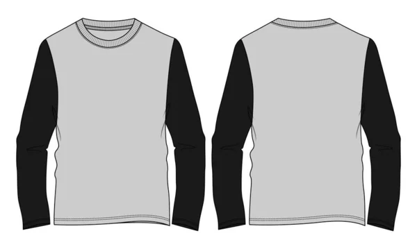 Manga Larga Cuello Redondo Camiseta Bicolor Negro Gris General Técnica — Vector de stock