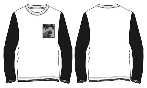 双色调白色 黑色长袖圆领与口袋和长底T恤技术时尚平面素描矢量模板正面 背面视图 仿制棉织物服装设计 — 图库矢量图片