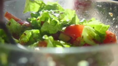 Peynirli domates, yumurta, marul ve zeytinyağlı tohum salatası. Kaşık, vejetaryen yemeğini cam kasede karıştırmak için. Güneşin ışınları ıslak sebzelerin üzerinde parlıyor. Kereviz. Vitaminler ve mineraller