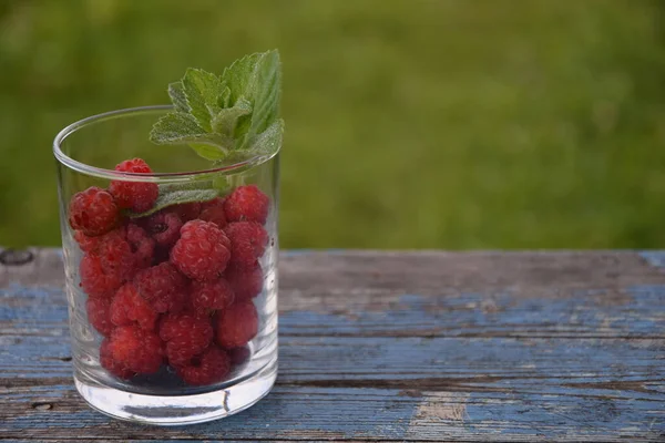 Ahududu ve nane yaprağı olan bir bardak yazın bahçedeki ahşap bir masada durur.