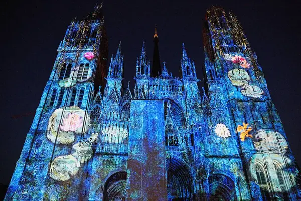Rouen France July Rouen Fransa Temmuz 2014, Rouen Katedrali 'nin ön cephesinde bir projeksiyonla lazer gösterisi