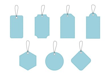 Çeşitli şekillerde indirimli etiket. İndirimli etiketler ve etiketler, alışveriş etiketleri. Boş, indirimli ve fiyat etiketli kağıtlar. Özel fiyat. Eski model. Vektör illüstrasyonu.