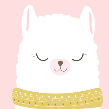 Renkli düz el çizimi, resimli çocuk resimleri, afiş, sevimli gülümseme lama ile baskı. Skarf 'lı Alpaca. Sevimli bebek hayvanlar..