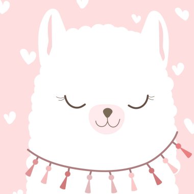 Vektör rengi düz el çizimi çocuk çizimi, poster, sevimli gülümseyen lama ile baskı. Alpaka. Sevimli bebek hayvanlar..