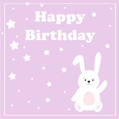 Leylak rengi doğum günü kartların kutlu olsun. Sevimli tavşanla kutlama vektör şablonları. Bebek tasarımı. Vektör çizimi. Doğum günü partisi.