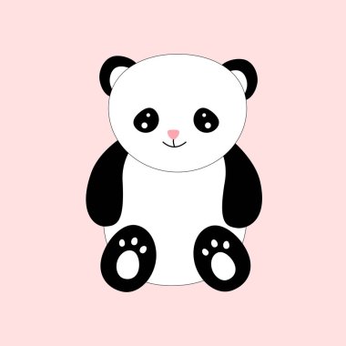 Komik küçük pandanın düz vektörü. Tatlı bambu ayısının çizgi film karakteri. Çocuklar için grafiksel tasarım, çıkartma. Beyaz arka planda. Güzel ayı. Pembe arkaplan.