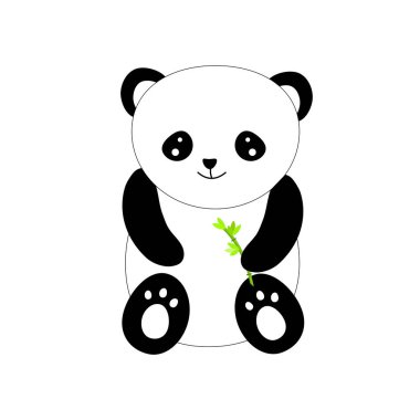 Komik küçük panda. Komik küçük pandanın düz vektörü. Tatlı bambu ayısının çizgi film karakteri. Panda tutacağı bambu. Çocuklar için grafiksel dizayn yazdırma, çıkartma.