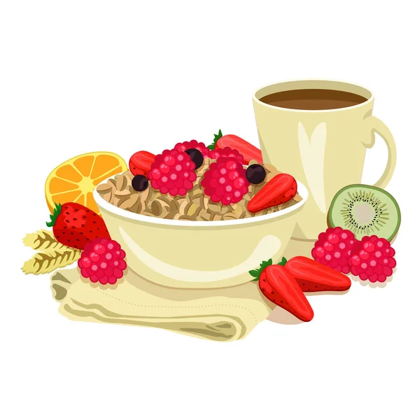 Good Morning Flat Style Tasty Porridge Berries Bowl Cup Coffee — Stock Vector