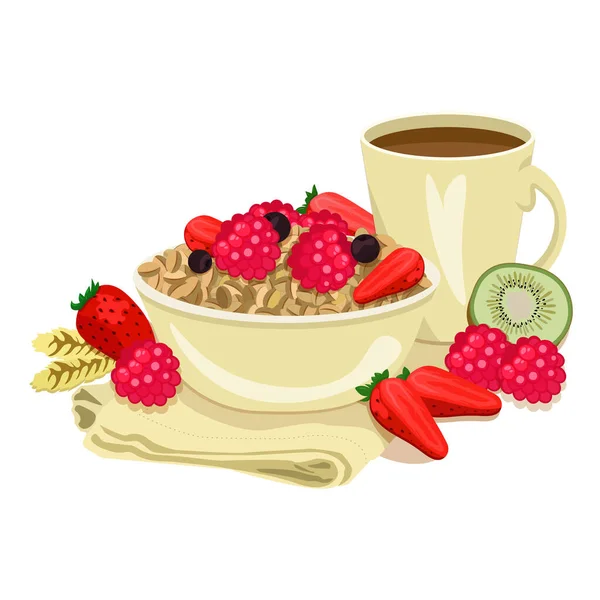 Good Morning Flat Style Tasty Porridge Berries Bowl Cup Coffee — Stock Vector
