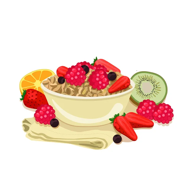 Good Morning Flat Style Tasty Porridge Berries Bowl Cup Coffee — Stock Vector