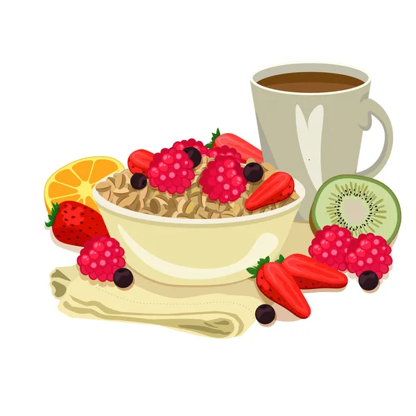 Good Morning Flat Style Tasty Porridge Berries Bowl Cup Coffee — Stock Vector