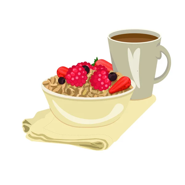 Доброе Утро Плоский Стиль Вкусная Каша Ягодами Миске Чашка Кофе — стоковый вектор