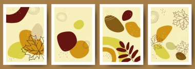 Bohem kolaj duvar izleri. Orta Çağ Modern Tasarımı. Çiçek posterleri. Vektör çizimi. Boho estetik soyut botanik duvar resimleri posterleri. İskandinav tasarımı, doğal doğal renkler.