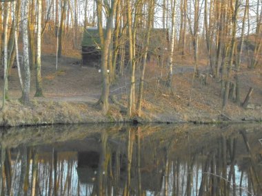 Durgun su, yapraksız bir huş ağacı ve küçük bir gölet üzerindeki yaprak döken bir ormanı yansıtır. Öteki kıyıdaki sandıkların arasında bir ahşap kulübe duruyor. Ilıman bir ormanda, öğleden sonra sıcak ışıklarıyla aydınlatılıyor..