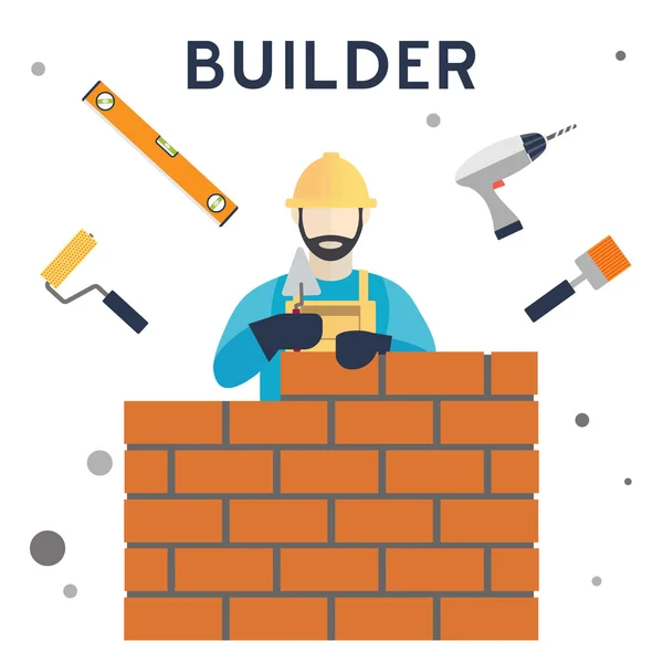 Bouw instellen. Bouwer en hulpmiddelen voor bouw en reparatie. Platte vectorillustratie — Stockvector