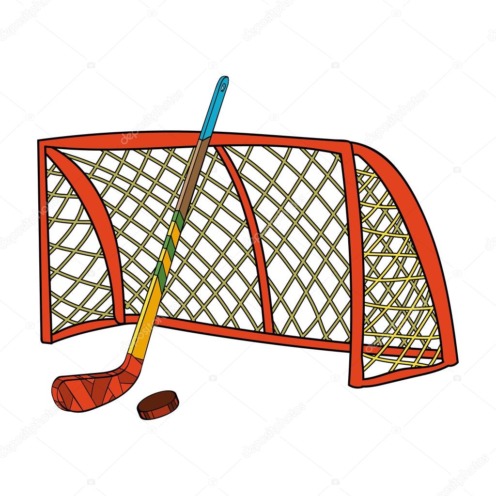 Vector set of hockey stick, puck and gate.