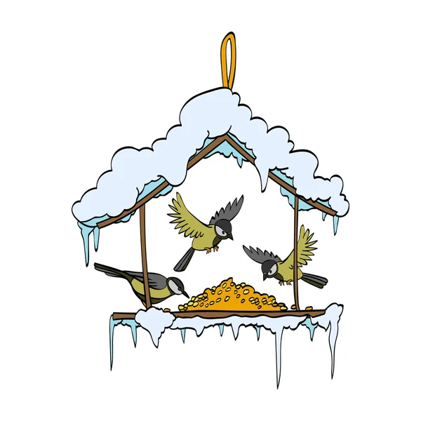 Birdfeeder in winter forest. Vector — Stockvector