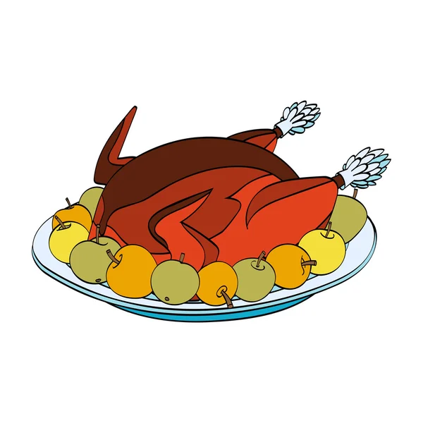 Рождественская жареная индейка с яблоками на тарелке — стоковый вектор