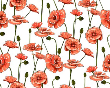 Beyaz üzerine Hat sanatı haşhaş. Vektör seamless modeli