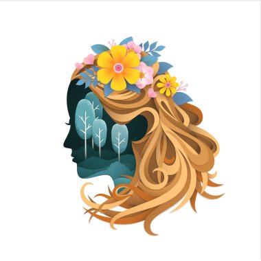 Kağıt kesiği kadın yüzü ve ormanı gösteren 3D çizimler.