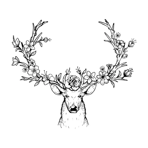 Vector Illustration Head Deer Antlers Floral — Vettoriale Stock
