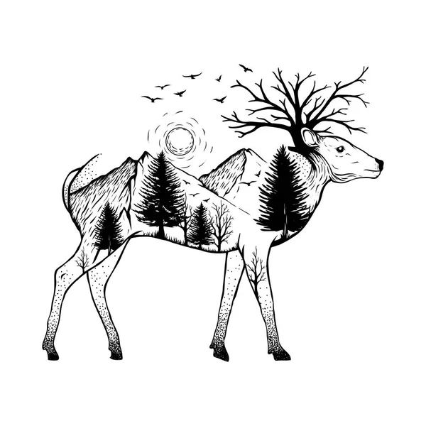 Illustration Deer Forest Background — Stock Vector