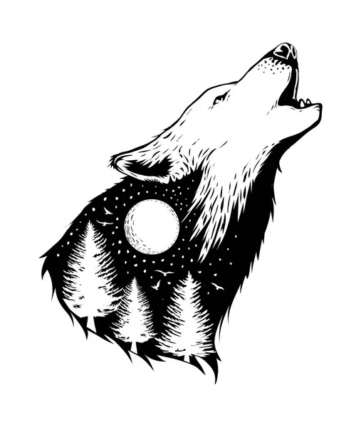 Negative Space Wolf Forest Background — Vetor de Stock