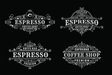 Klasik kahve etiketi tasarımı, kaligrafi ve dizayn edilmiş tipografi ögeleri seti