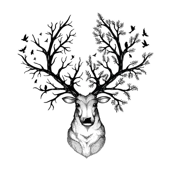 Vector Illustration Head Deer Forest Background — Stockvektor