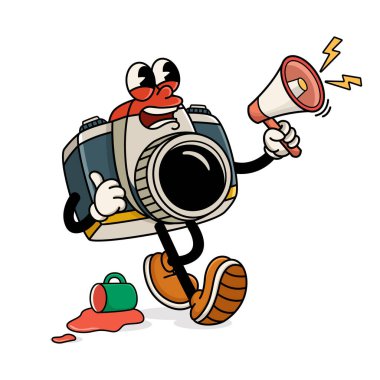 Retro Çizgi Film Kamerası Maskotu Hoparlör tutuyor