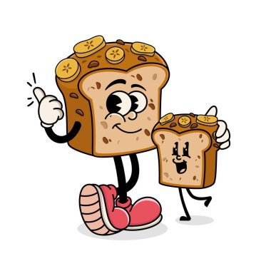 Retro Çizgi Film Muz Ekmek Maskotu Olumlu Parmaklar Yukarı Hareketli