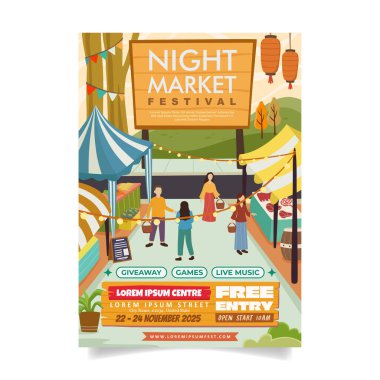 Modern Düz Tasarım Gece Piyasası Festivali Alışveriş İnsanları ve Gıda Dükkanları