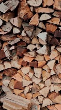 Isıtmak için düzgünce yerleştirilmiş yakacak odunları yakın plan. Çeşitli ağaç türlerinden kütük yığını.