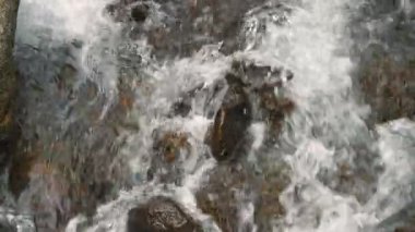 Ormandaki kayaların üzerinden akan kristal berrak suyla vahşi dağ nehrinin üst görüntüsünü kapatın..