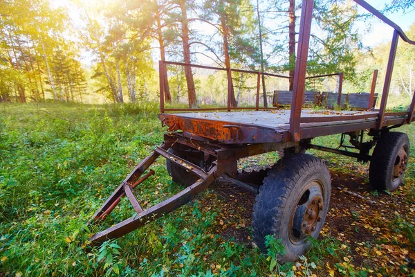 Traktorový Přívěs Starý Přívěs Sedí Zeleném Trávníku — Stock fotografie