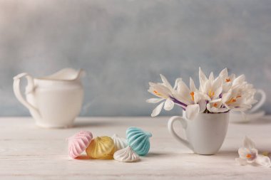 Crocus çiçekleriyle romantik bir hayat ve pastel gölgeli şirin kremalar. Aşk konsepti, bahar ve yeni mutlu bir gün