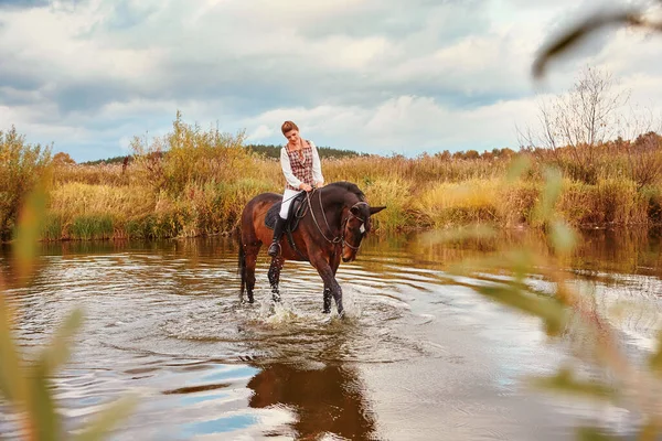 Αναβάτης Και Άλογο Μπήκαν Στο Νερό Για Ποτίσουν Άλογο Εικόνα Αρχείου