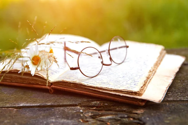 Chamomile flowers and a book are lying on a wooden table against the background of summer nature and morning light.