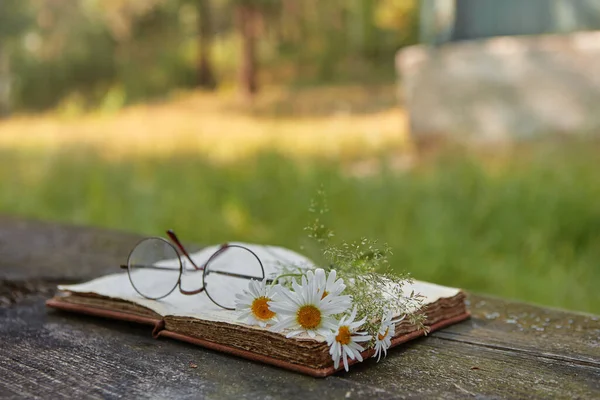 Flowers and antique glasses lie on an old book on a wooden table in the morning light. The concept of a summer vacation in nature, a romantic mood.