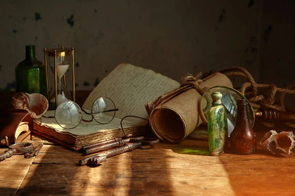 Medicines Substances Glass Bottles Old Wooden Table Medieval Scientist Room — Stock Photo, Image