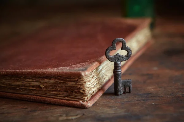 An ancient key of a beautiful shape stands next to a leather-bound parchment book