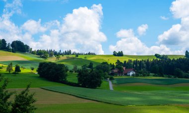 İsviçre 'nin kırsal kesimindeki çiftlik evi ve ahır manzarası. Organik tarım kavramı. Renkli yaz kırsal arazisi manzarası. Tarlalar ve harika mavi gökyüzü.