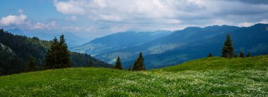Arka planda güzel tepeler ve dağlar manzaralı. Renkli bahar manzarası. Güzel bir açık hava sahnesi, Obwalden, İsviçre kantonu. İşlenmiş fotoğraf sonrası sanatsal stil.