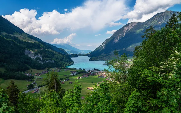 Panoramatický Pohled Idylickou Scenérii Jezera Lungern Čerstvými Zelenými Loukami Krásný — Stock fotografie