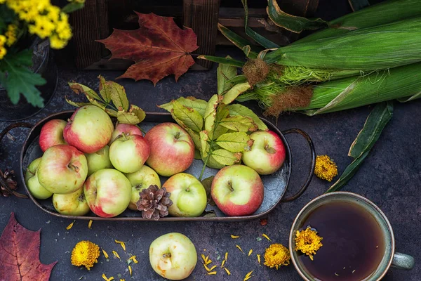Осень Осенние Листья Цветы Яблоки Чашка Чая Осенний Сбор Урожая — стоковое фото