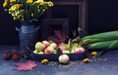 Sonbahar, sonbahar yaprakları, çiçekler, elmalar. Ahşap kırsal arka planda sonbahar çiftliği hasadı. Renkli resim.